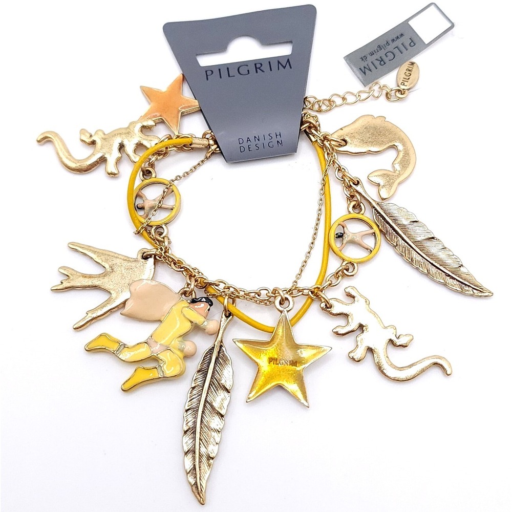 Pilgrim Gold Charm Bracelet Enamel Star Feather Lizard Adjustable